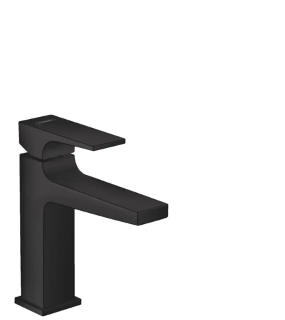 Schwarzer Einhebel-Waschtischmischer mit Hebelgriff und senkrecht verlaufendem Wasserauslauf von Hansgrohe. Minimalistisches Design ohne sichtbare technische Details.